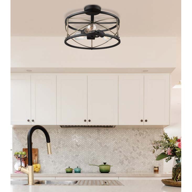 Semi-Flush Ceiling Light, Globe, 3-Light, Black, 15 in W - 3