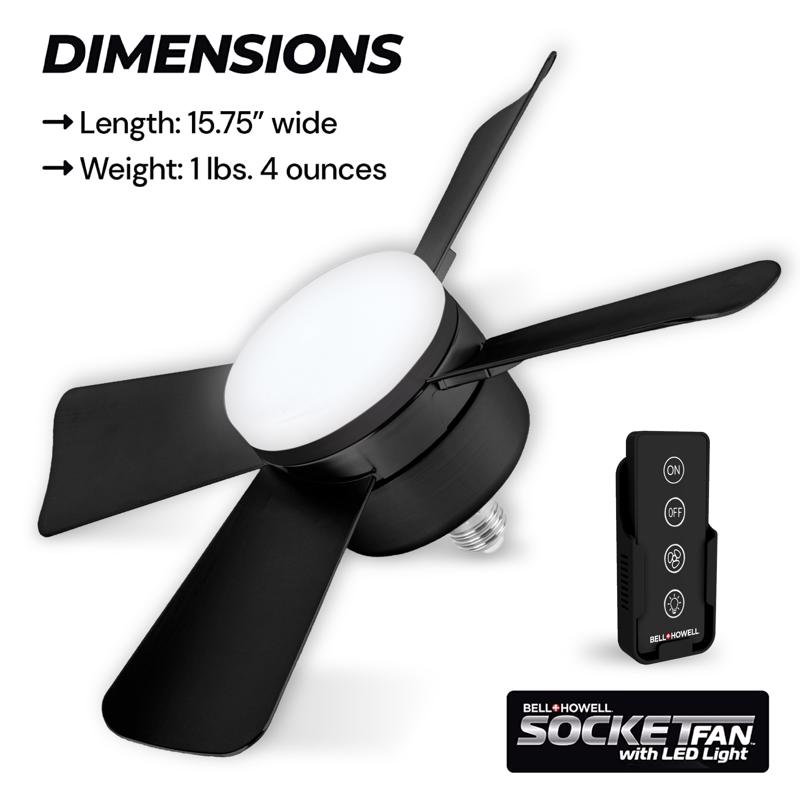 Socket Ceiling Fan, Bell+Howell, with LED, Black - 2