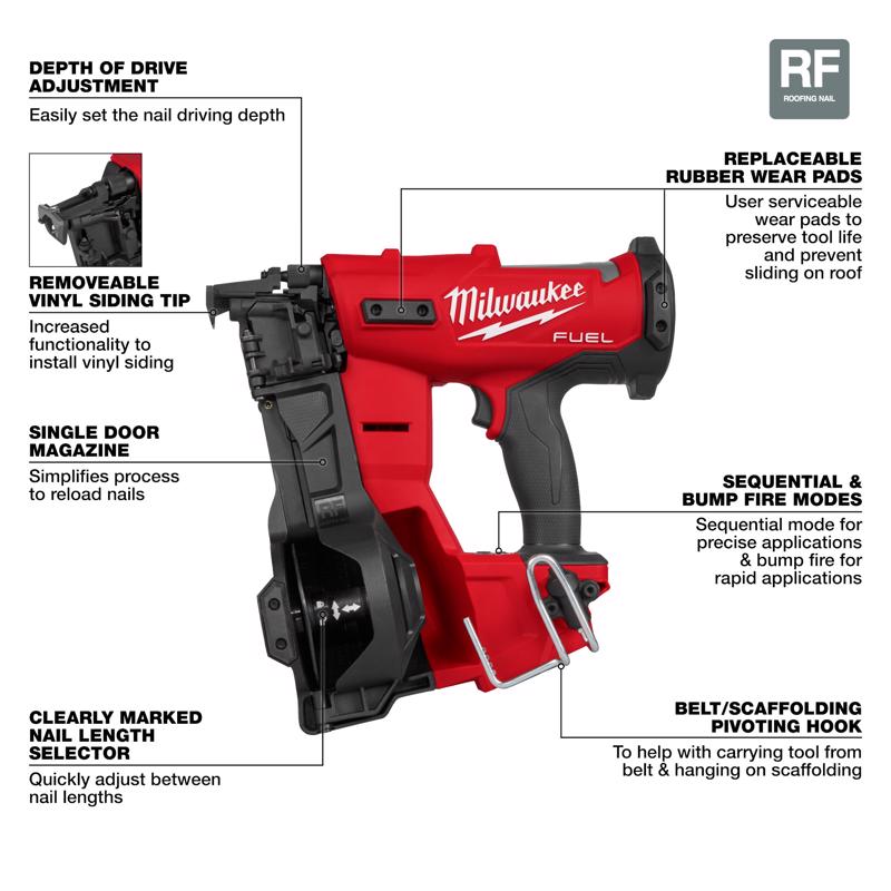 Coil Roofing Nailer, Milwaukee, M18 Fuel, Bare Tool Only - 2