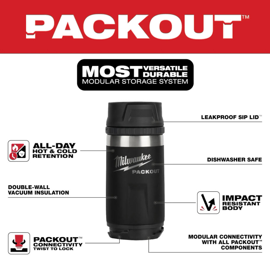 Bottle with Sip Lid 12 oz Black, Milwaukee, Packout - 1
