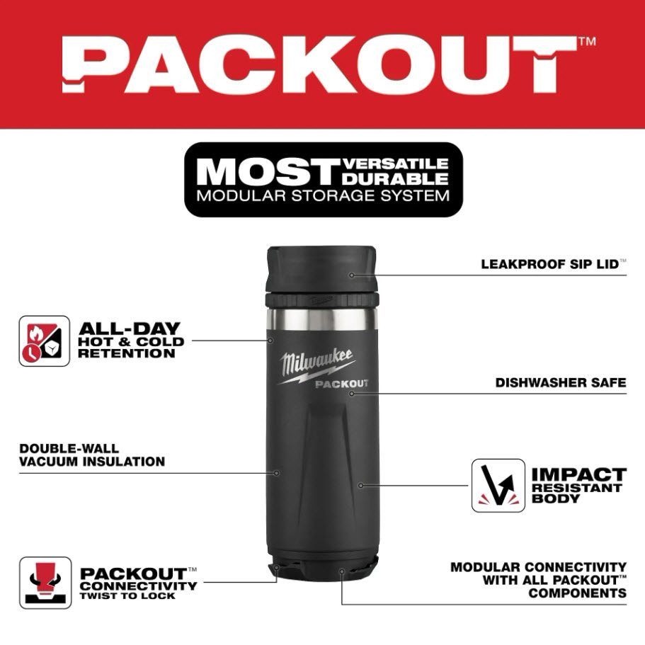 Bottle with Sip Lid 18 oz Black, Milwaukee, Packout - 1