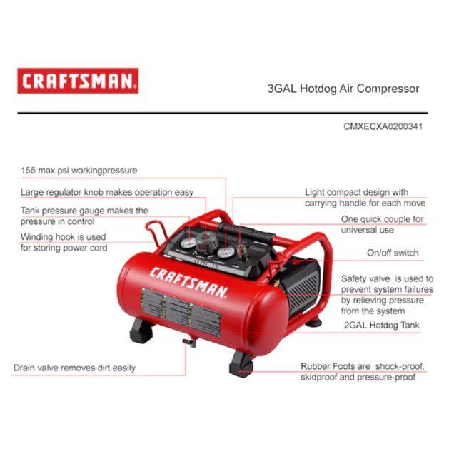 Portable Air Compressor, Craftsman, Tool Only, 3 gal Tank, 1.5 hp, 155 psi Pressure, 1-Stage - 2