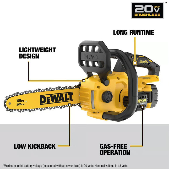 Cordless Chainsaw Kit, Dewalt, 20V Max, 12 in Bar, 5.0ah Battery & Charger Included - 1
