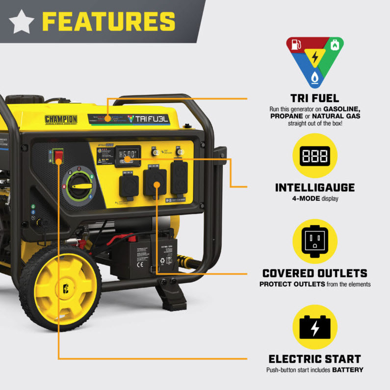 Electric Start Tri Fuel Generator, Champion, 4000W, CO Shield - 4
