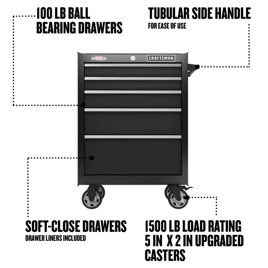 Tool Cabinet, Craftsman, Black, 5-Drawer, 26x37x18 - 2