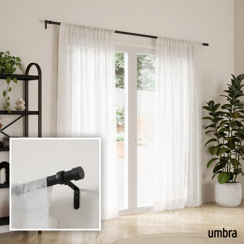 Cappa Curtain Rod, Umbra, 1 in Dia, 66-120 in W, Black Finish - 2