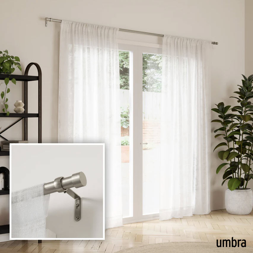 Cappa Curtain Rod, Umbra, 1 in Dia, 36-66 in W, Nickel Finish - 2