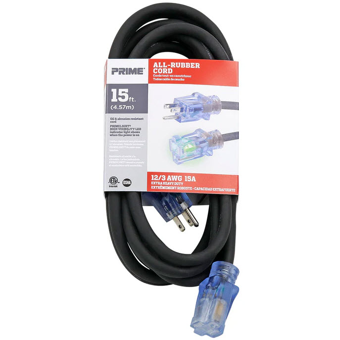 Prime Extension Cord, Prime Wire & Cable, 12/3, 15ft, All-Rubber - 1
