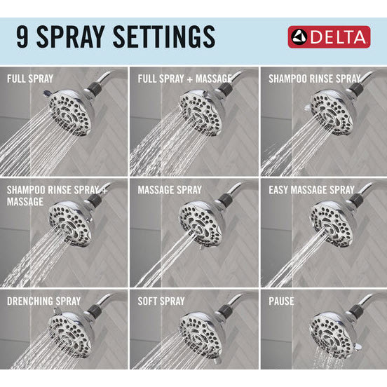 Shower Head, Delta, Fixed Mount, 9-Settings, Chrome - 2
