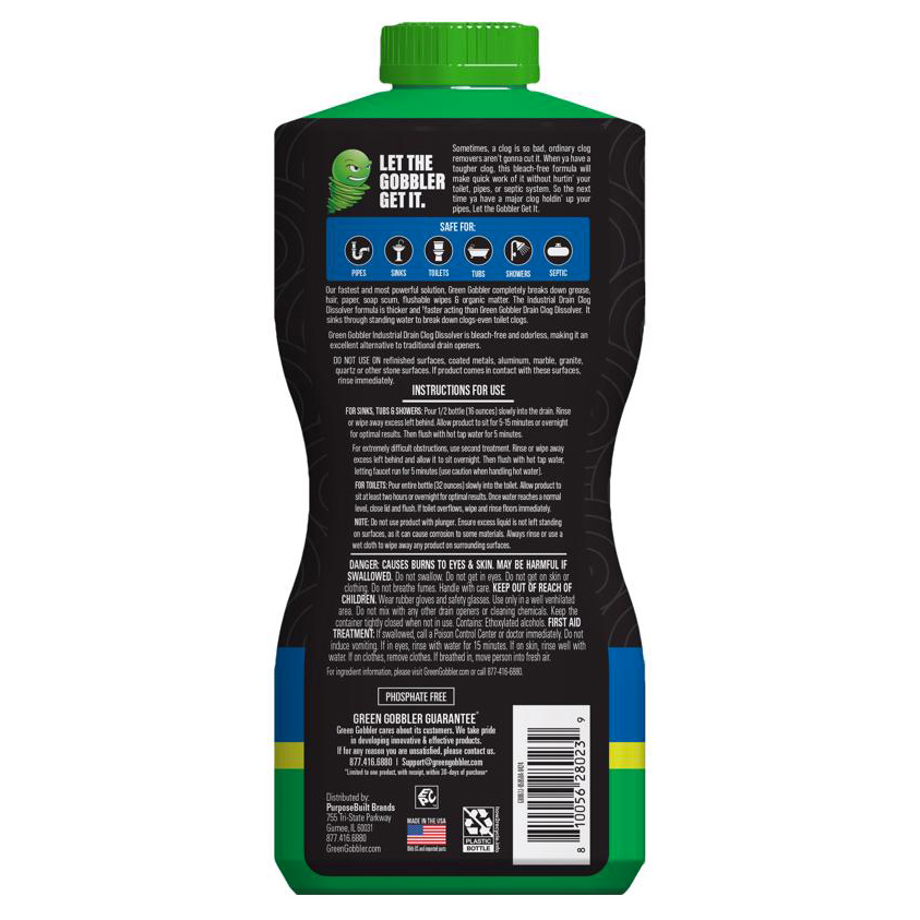 Liquid Drain Clog Remover, Green Gobbler, 32 oz - 2
