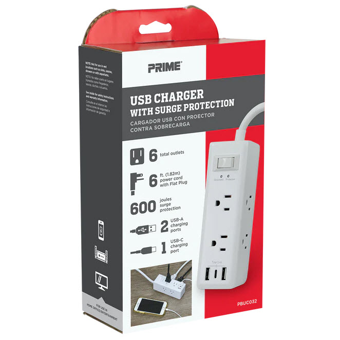 Surge Protector, Prime, 6-Outlet, 2 USB-A Ports, 1 USB-C Port, White - 2