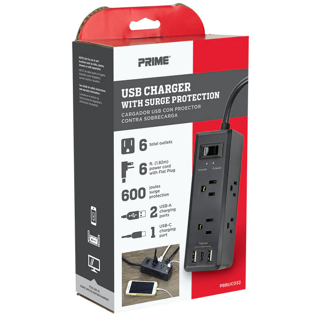 Surge Protector, Prime, 6-Outlet, 2 USB-A Ports, 1 USB-C Port, Black - 2