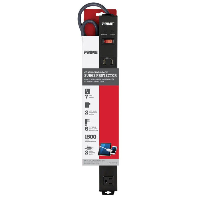 Surge Protector, Prime, 7-Outlet, Metal, 6 ft Cord, Black - 2