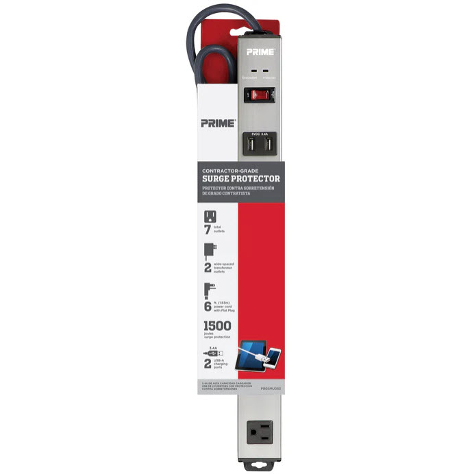 Surge Protector, Prime, 7-Outlet, Metal, 6 ft Cord, Silver - 2