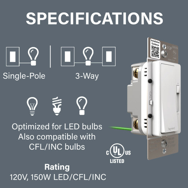 Legrand Radiant LED Advanced 3-Way Dimmer, Pass & Seymour, 150W, Single Pole, White - 2