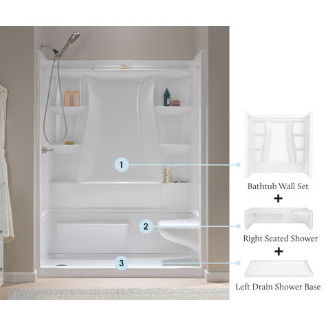 Classic 500 Procrylic Seated Shower Kit, Delta, 60 in x 32 in, Right Drain, White - 2