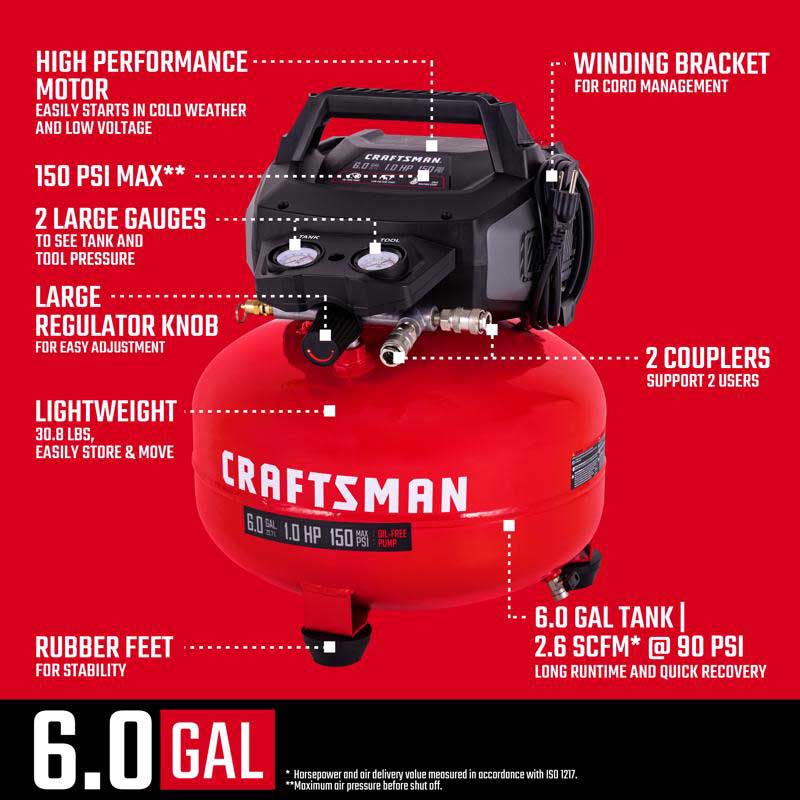Pancake Compressor, Craftsman, 1 hp, 150 Max PSI, 6 Gal - 3