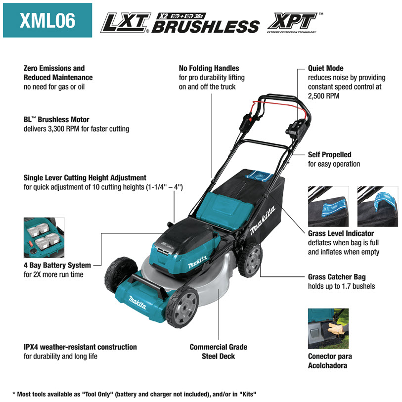 Cordless Lawn Mower, Makita, LXT, Brushless, 18 in, Self-Propelled, Includes 4 Batteries and Charger - 2