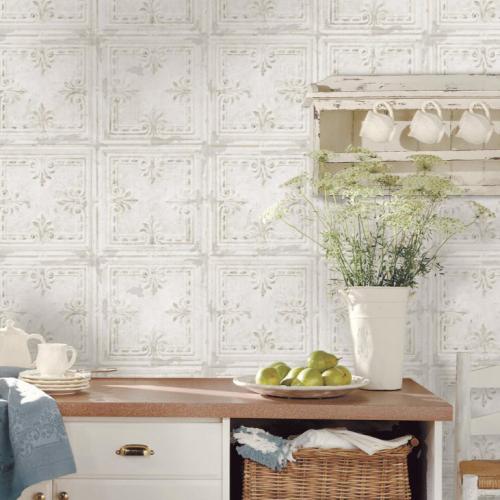 Peel & Stick Wallpaper, York Wallcoverings, 20.5 in x 16.5 ft, Tin Tile, White - 2