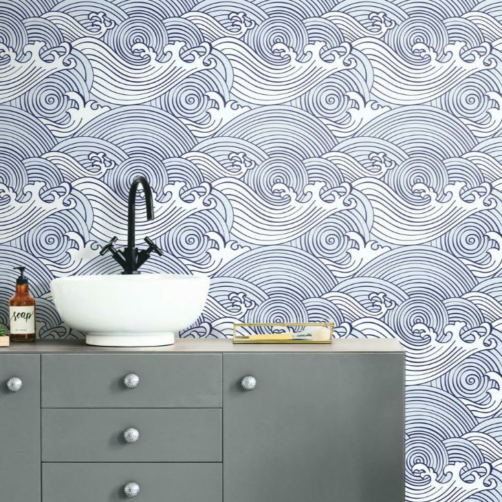 Peel & Stick Wallpaper, York Wallcoverings, 18 in x 18.86 ft, Asian Waves, Blue - 2