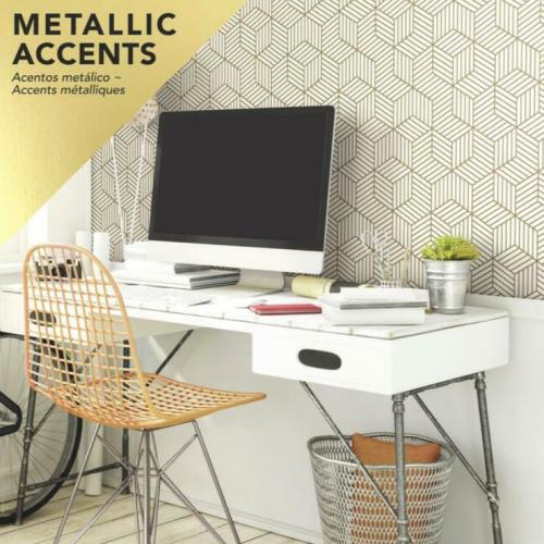 Peel & Stick Wallpaper, York Wallcoverings, 20.5 in x 16.5 ft, Striped Hexagon, White/Gold - 2