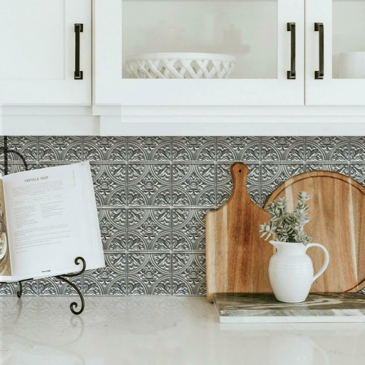 Peel & Stick Tile Backsplash 4 pk, York Wallcoverings, 10.5 in x 10.5 in, Silver Tin - 2