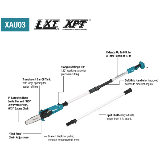 18V LXT Brushless Pole Saw 8 in, Makita, Extendable & Articulating, Tool Only - 2