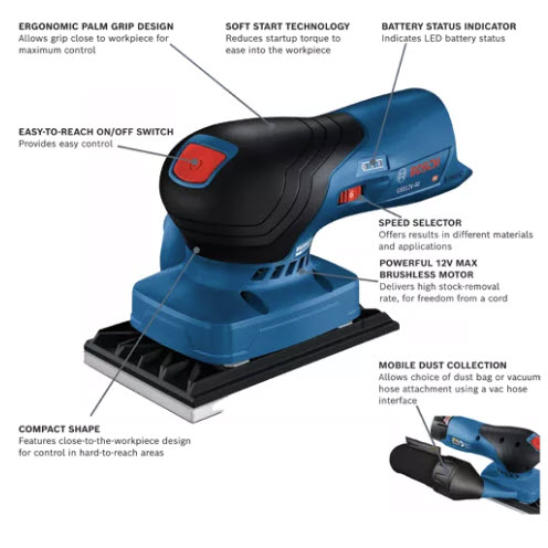 12V Cordless Sheet Orbital Finishing Sander, Bosch, Brushless, Tool Only - 2