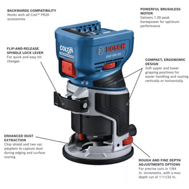 18V Cordless Palm Router, Bosch, Brushless, Tool Only - 2