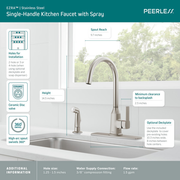 Kitchen Faucet, Peerless, Ezra, Pull Down, Includes Sprayer, Stainless Steel - 2