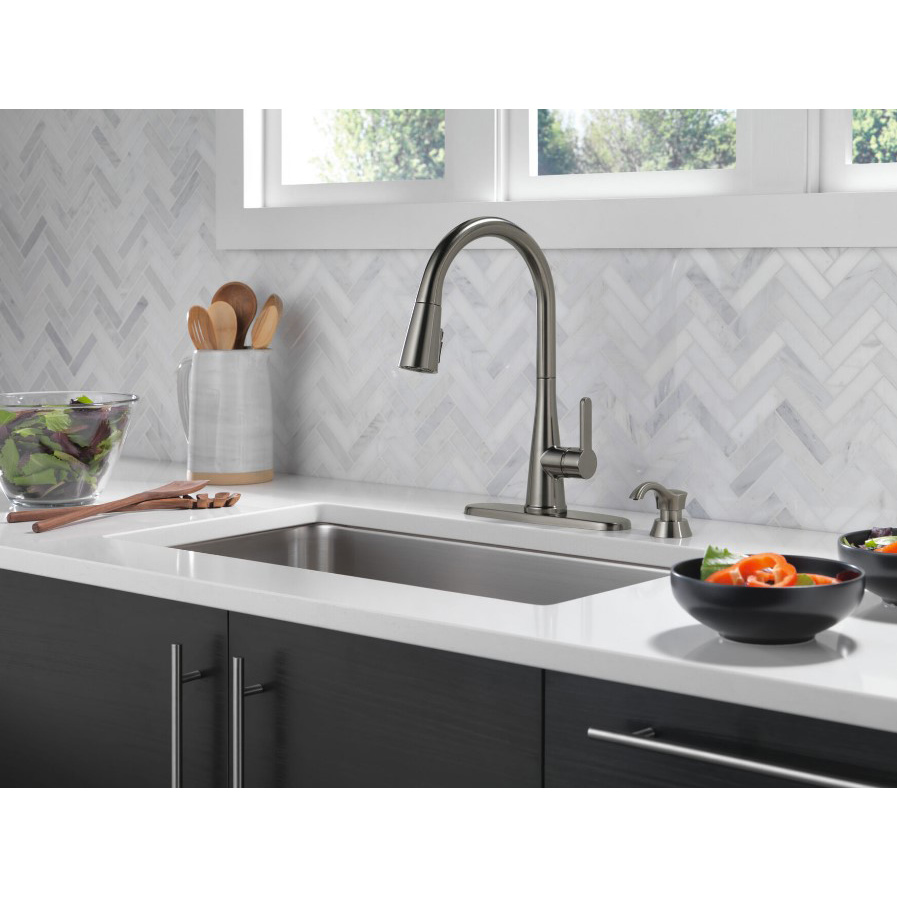 Kitchen Faucet, Delta, Greydon, Pull Down, Includes Soap Dispenser, Black Stainless Steel - 3