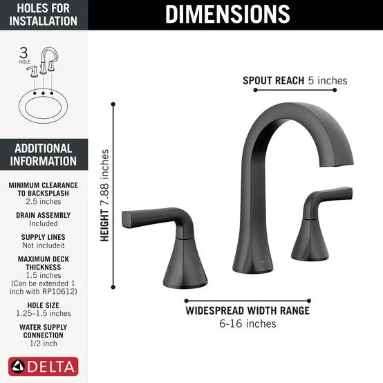 Bath Faucet, Delta, Dallace, 2-Handle, Widespread, Matte Black - 2