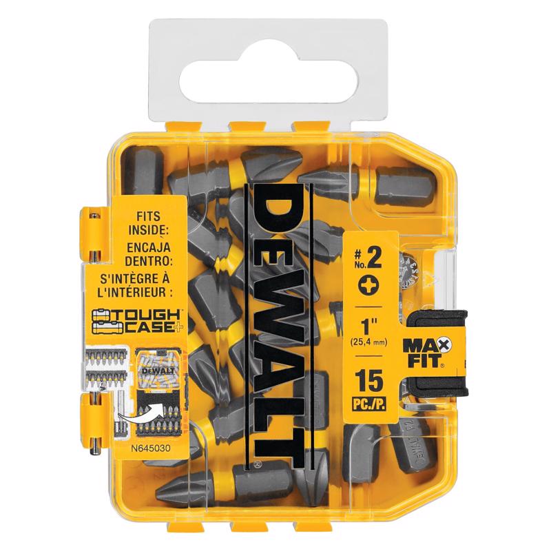 Screwdriver Bit Set, DeWALT, MaxFit, #2 Drive, Phillips Drive, 1/4 in Shank, Hex Shank, 1 in L, Steel, 15/PK - 1