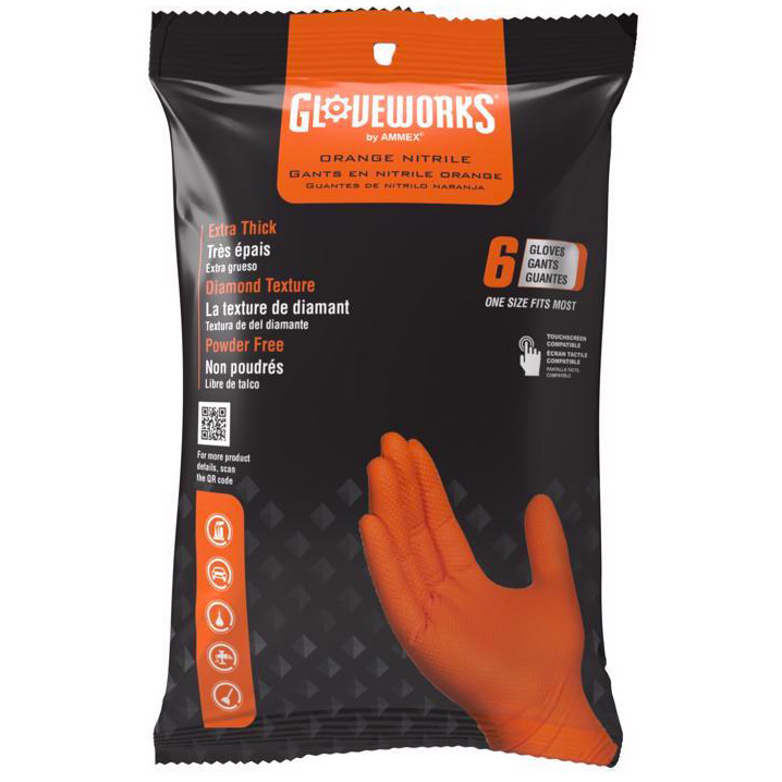 Disposable Gloves, Gloveworks, One-Size, Nitrile, Powder-Free, Orange, 6PK - 2