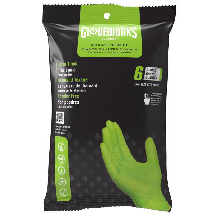 Disposable Gloves, Gloveworks, One-Size, Nitrile, Powder-Free, Green, 6PK - 1