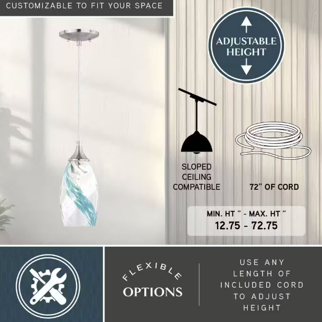 Mini Pendant Light, Vaxcel, Milano, 5 in Blue Glass Shade, Satin Nickel - 2