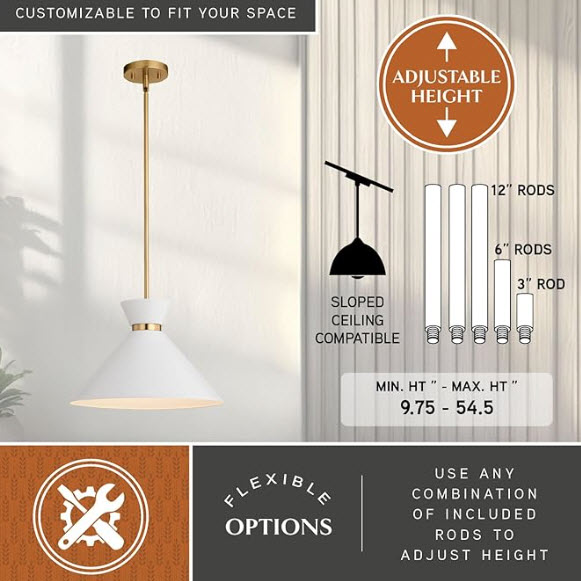 Pendant Light, Vaxcel, Racine, 15 in, White/Brass - 2