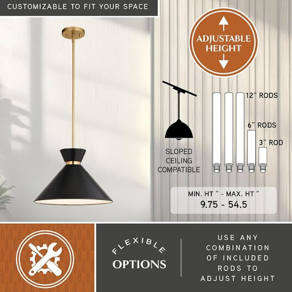 Pendant Light, Vaxcel, Racine, 15 in, Black/Brass - 2