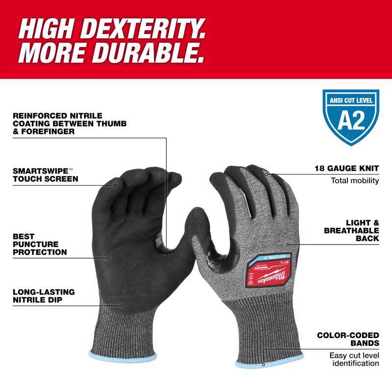 Work Gloves, Milwaukee, High-Dexterity Cut Level 4, Nitrile Dipped, L - 2