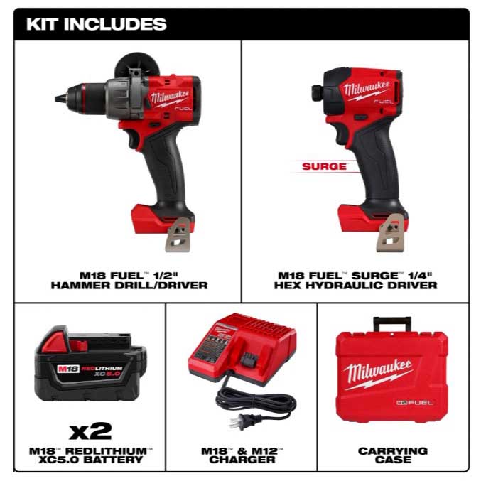 2-Tool Combo Kit, Milwaukee, M18 Fuel, 1/2 in Hammer Drill, 1/4 in Hex Hydraulic Driver - 2