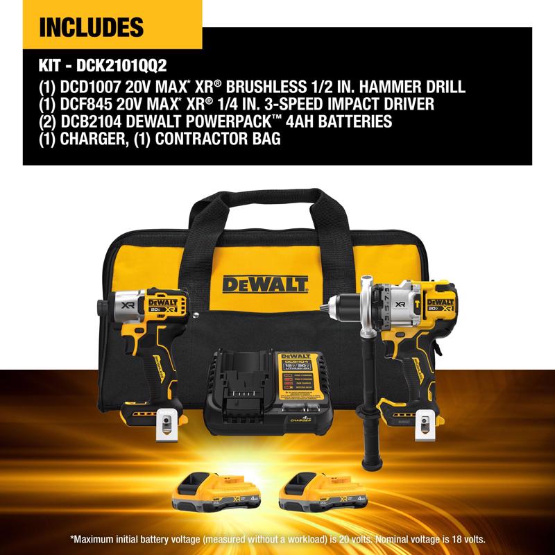 Cordless Drill/Driver Kit, DEWALT, Hammer Drill, Impact Driver, 20V, Batteries Included - 3