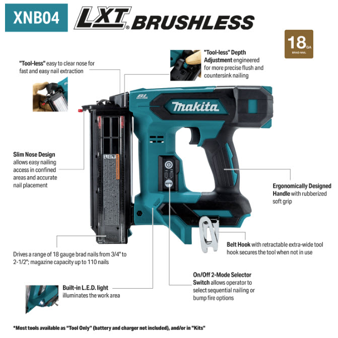 Cordless 2 in Brad Nailer, Makita, 18V LXT, 18 Ga, Brushless, Tool Only - 2