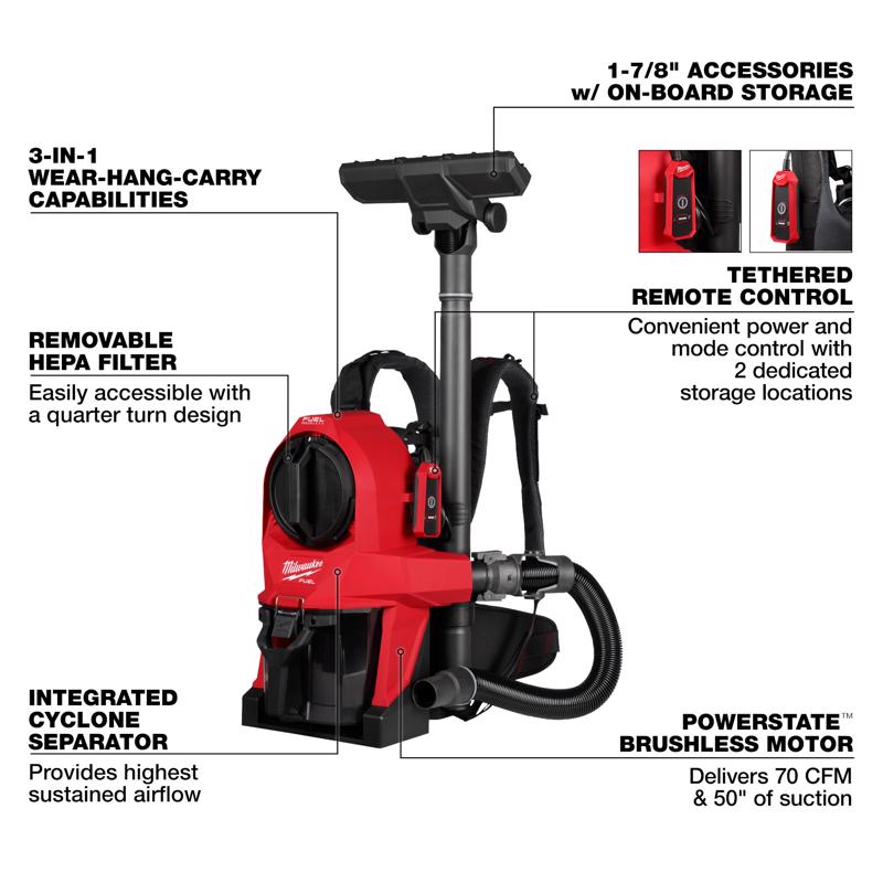 Backpack Vacuum, Milwaukee, M18 Fuel, 3-in-1 - 3