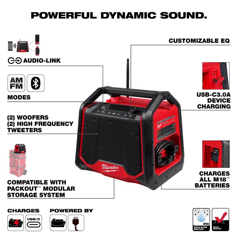 M18 Bluetooth Jobsite Radio Plus Charger, Milwaukee, Radio & Charger, M18, Bluetooth - 2