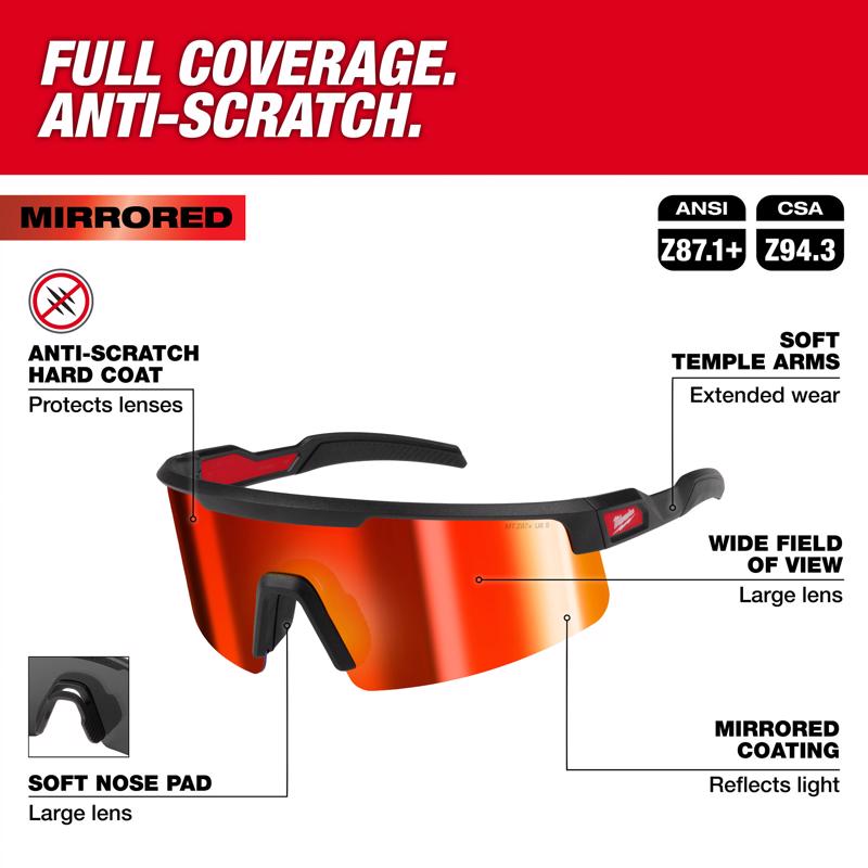 Safety Glasses, Milwaukee, Wrap Around, Red Mirrored, Anti-Scratch Lenses - 2
