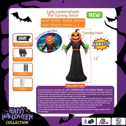 Pumpkin Witch Inflatable, Halloween, Lady Lanternshade, Rotating Head, 12 ft, LED - 2