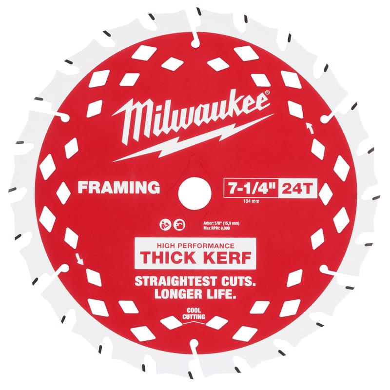 Circular Saw Blade, Milwaukee, 7-1/4 in Dia, 5/8 in Arbor, 24-Teeth, Carbide Cutting Edge - 1