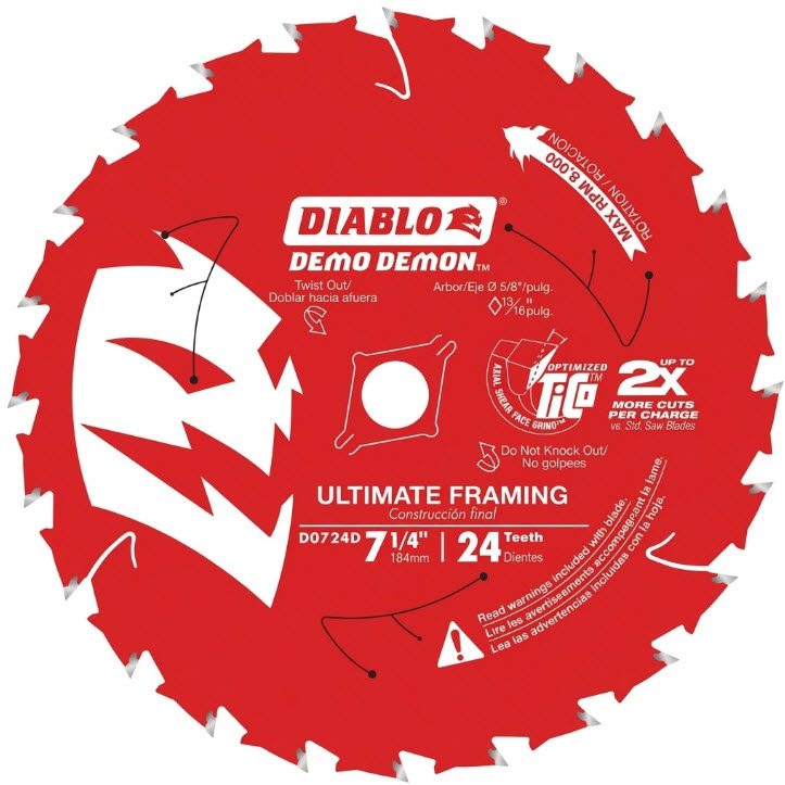 Circular Saw Blades, Diablo, Demo Demon, Ultimate Framing Saw Blade, 7-1/4 in, 24-Teeth, 2-pk - 1