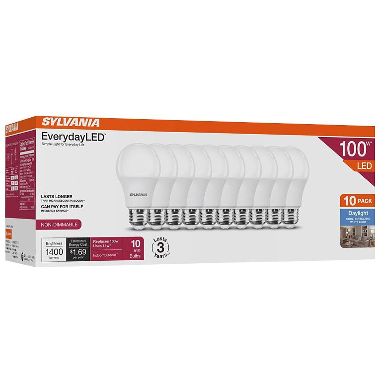 LED Bulbs, Sylvania, A19, 100W Equivalent, 1400 Lumens, 5000K, Daylight, 10 pk - 1
