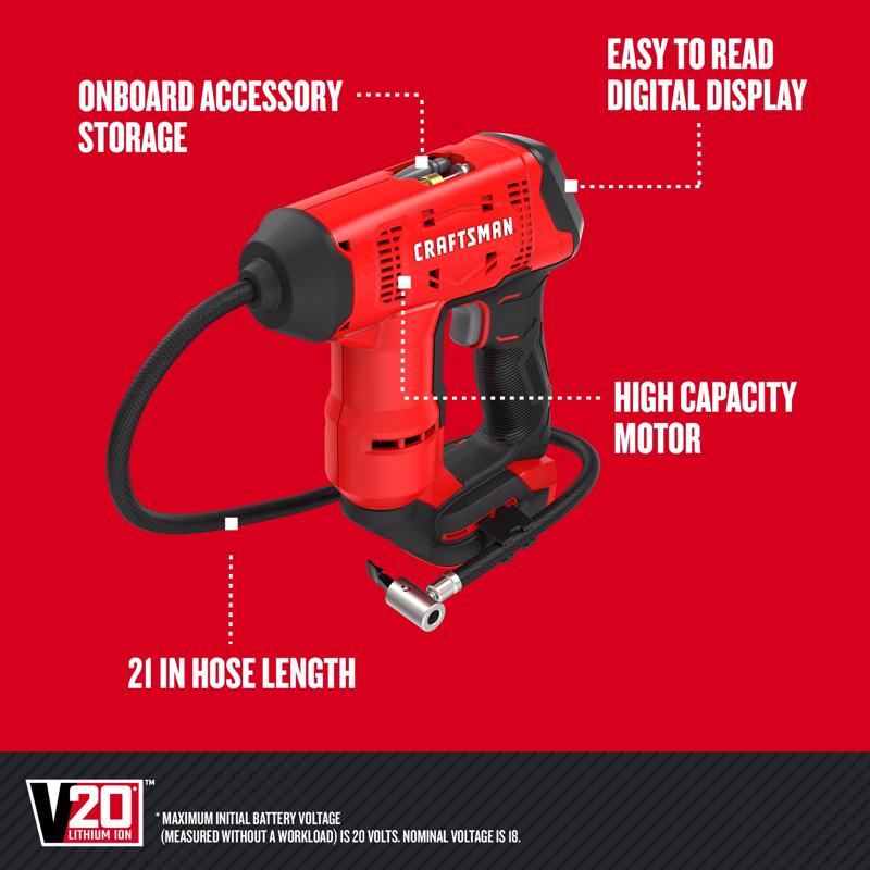 Air Inflator, Craftsman, 20 V, 150 psi Pressure, Tool Only - 3